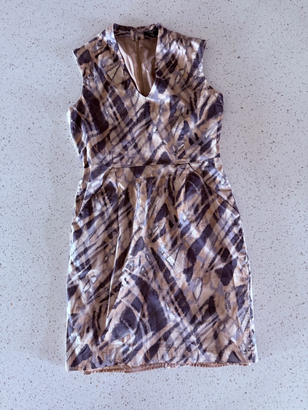 Ann Taylor Sleeveless Midi Dress in Beige and Brown Abstract Print 6P